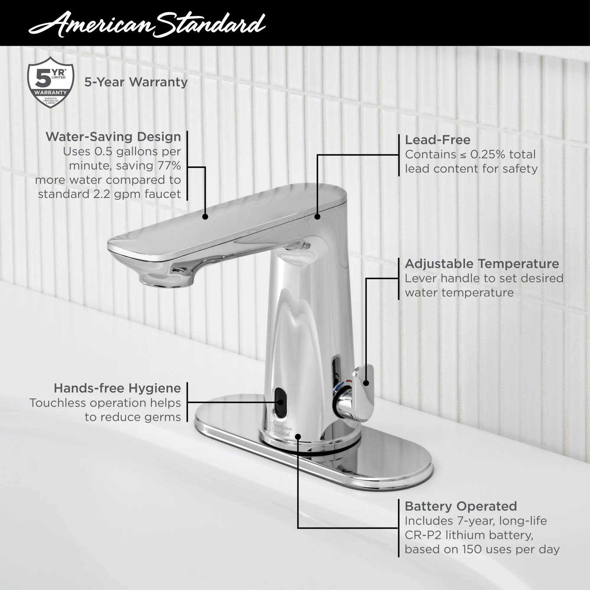 Clean IR Touchless Faucet, Battery-Powered with Above-Deck Mixing, 0.5 gpm/1.9 Lpm - Image 3