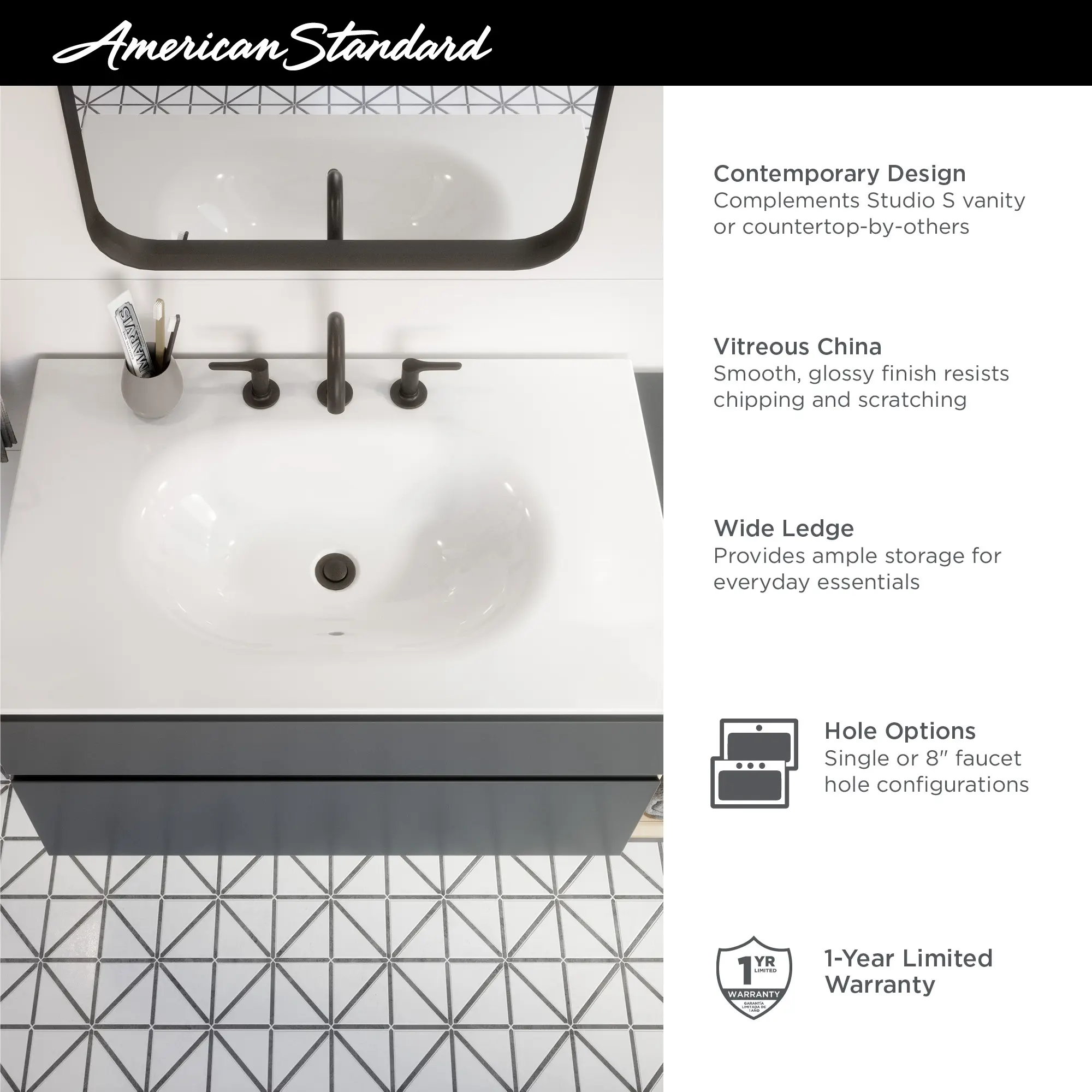 Studio® S 33-Inch Vitreous China Vanity Sink Top Center Hole Only - Image 8